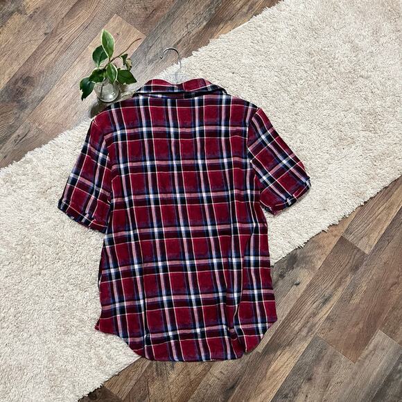 Buckle BKE Medium Plaid Distressed Acid Wash Sequin Frayed Relaxed Collared Top - Picture 6 of 7